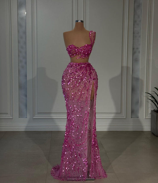 Shining Hot Pink Single Shoulder Strap Sleeveless Slit Prom Dress