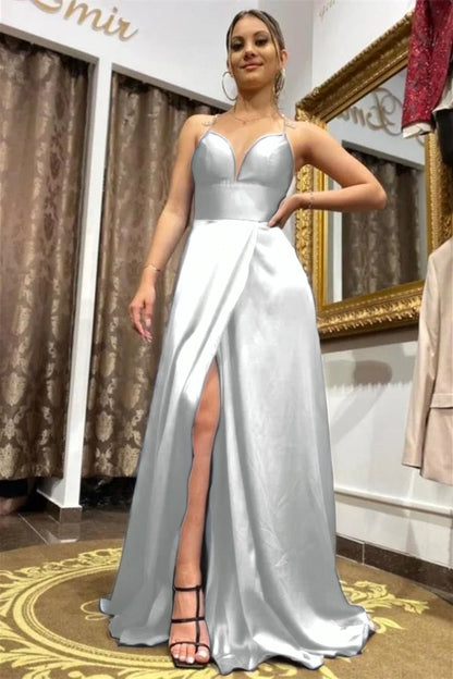 Long Royal Blue Slit Prom Dress Spaghetti-Straps