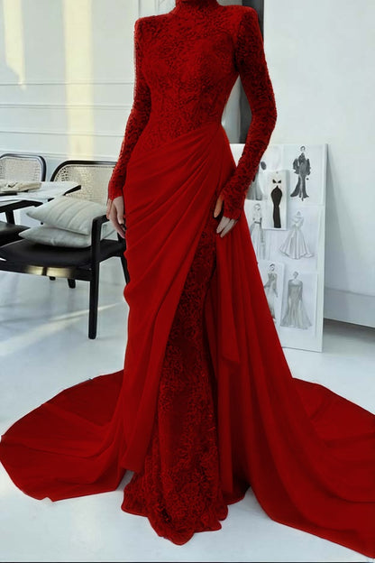 Glamorous Lace Burgundy High Neck Long Sleeves Evening Dress With Appliques