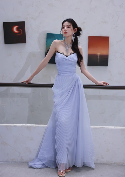 Elegant A Line Sweetheart Neck Black Lace Purple Chiffon Long Evening Dress Gown Dress SH3584