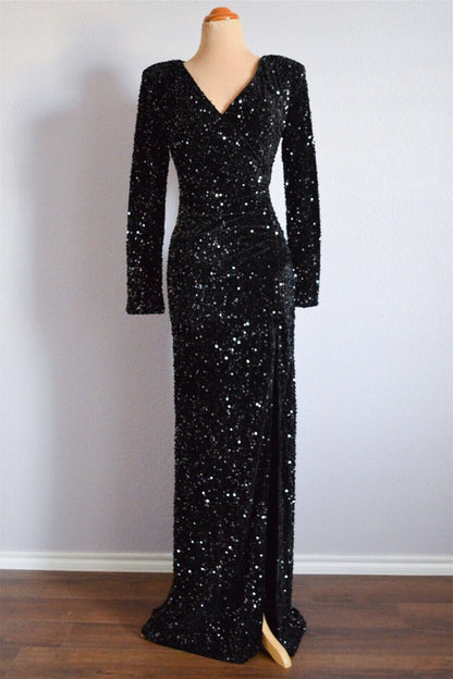 Long Sleeves Empire V-Neck Fully Sequin Party Prom Dress