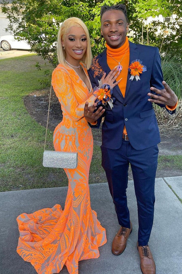 Mermaid Long Sleeves Orange V-Neck Prom Dress