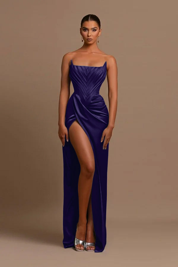 Elegant Dark Green Square Neck Slit Sleeveless Prom Dress With Pleats