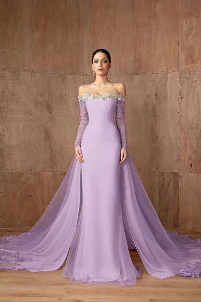 Charming Pink Satin Off the Shoulder Long Sleeves Long Prom Dress with Beadings