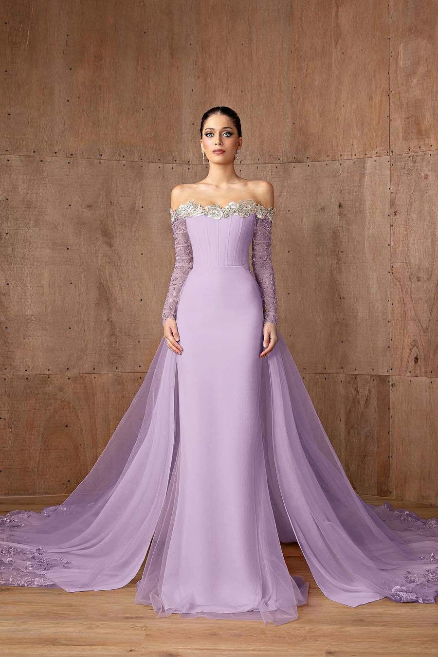 Charming Pink Satin Off the Shoulder Long Sleeves Long Prom Dress with Beadings