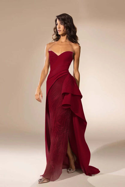 Sleeveless Strapless V Neck Embroidery Long Prom Dress With Slit