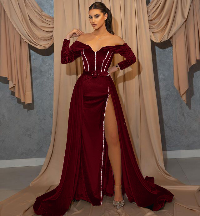 Dark Green Front Split Mermaid Sweetheart Prom Dress With Belts Long Sleeves