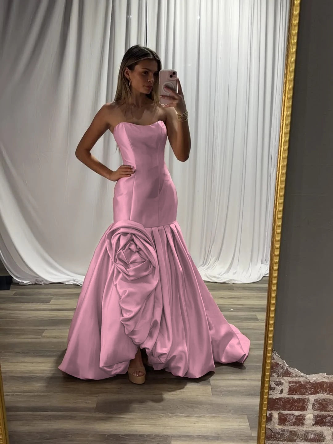Dreamy Pearl Pink Straight Across Handmade Flower Mermaid Evening Dress