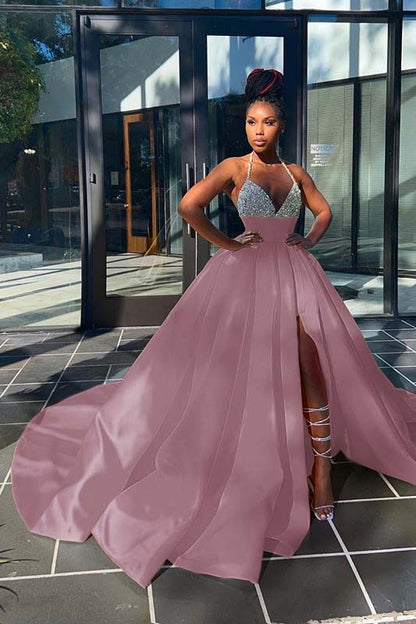 Glamorous Yellow Sequins V-Neck A-Line Prom Dress  Sleeveless With Split