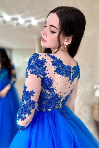 Royal Blue Long Sleeves Tulle Prom Dress With Appliques Amazing