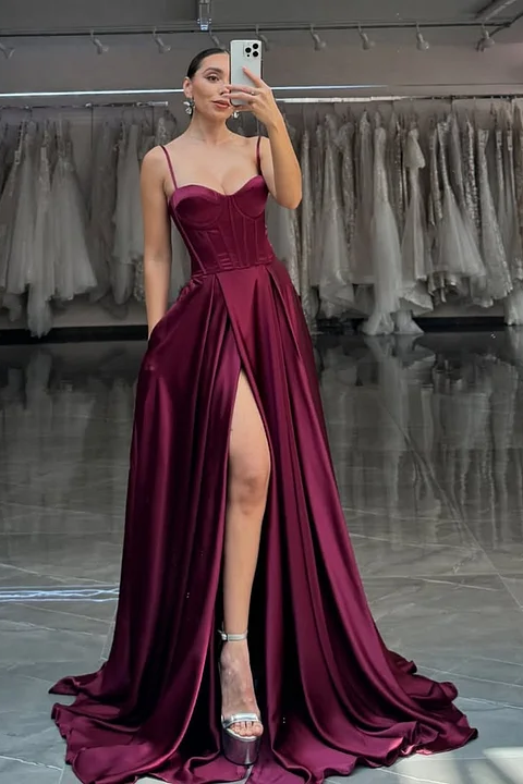Red Spaghetti Straps A-Line Long Prom Dress With Pleated