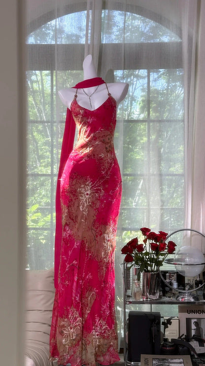 Vintage Rose Pink Floral Mermaid  Backless Chiffon Long Prom Dress Evening Dress P4034