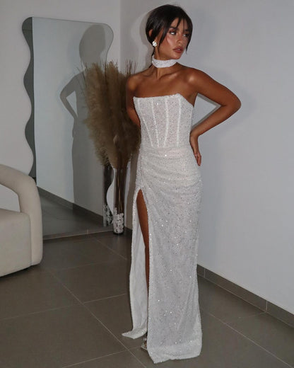 Shinning White Sequins Strapless Sleeveless Long Pleated Prom Dress with Split