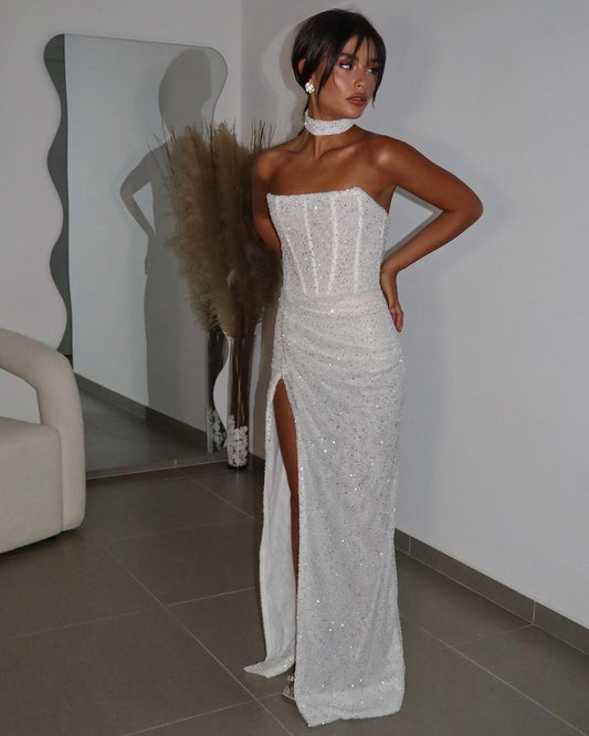 Shinning White Sequins Strapless Sleeveless Long Pleated Prom Dress with Split