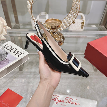Belle Viv Metal Buckle Slingback Pumps 65 Black White Patent Leather