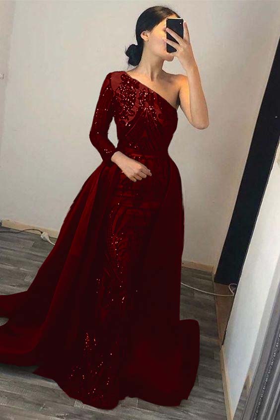 Dark Green Overskirt One Shoulder Long Sleeve Mermaid Prom Dress With Sequins