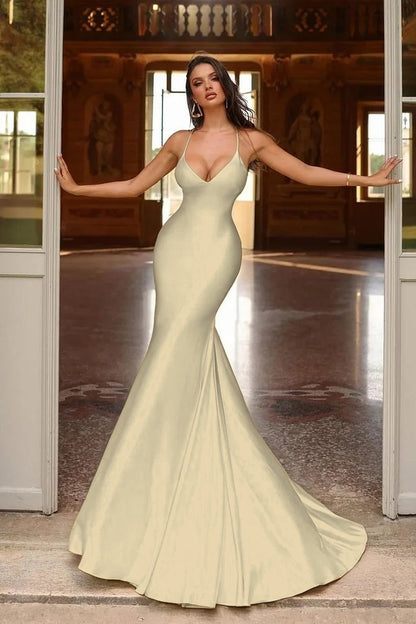 Sexy Yellow Spaghetti-straps Mermaid Long Prom Dress