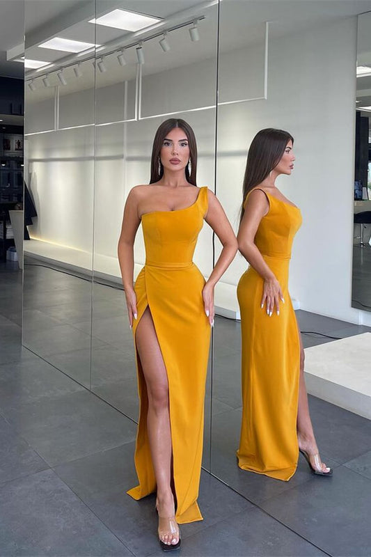 Elegant One Shoulder Sleeveless Mermaid Evening Dress Long Slit