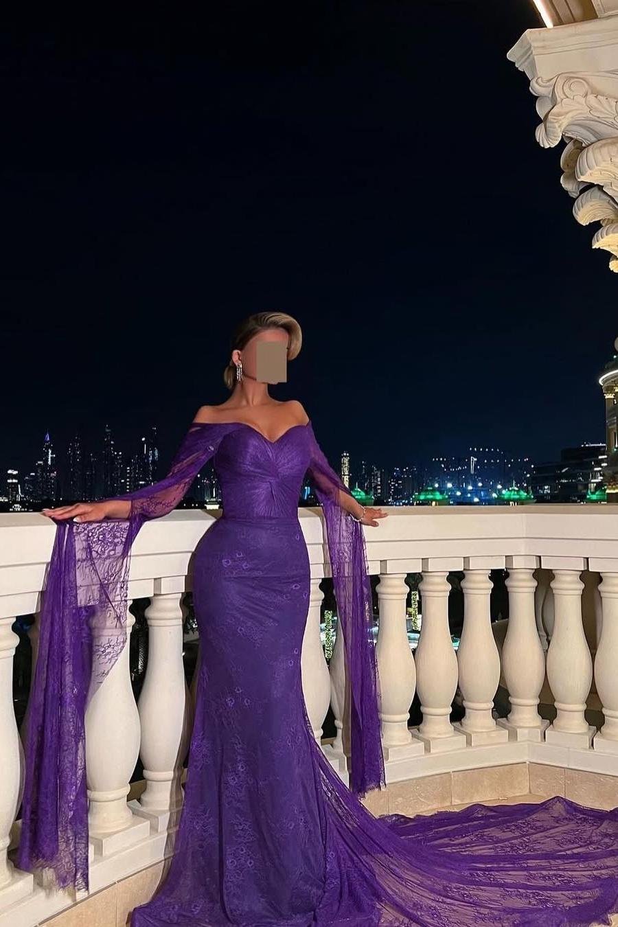 Stunning Purple Lace Embroidery Slim Long Sleeves Prom Dress with Train