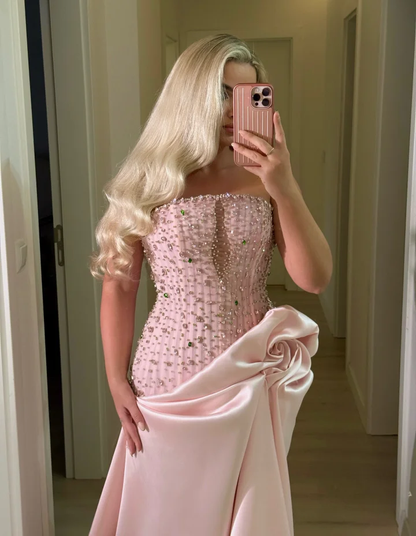 Romantic Pink Straight Across Sleeveless Rhinestone Handmade Flower Evening Dress