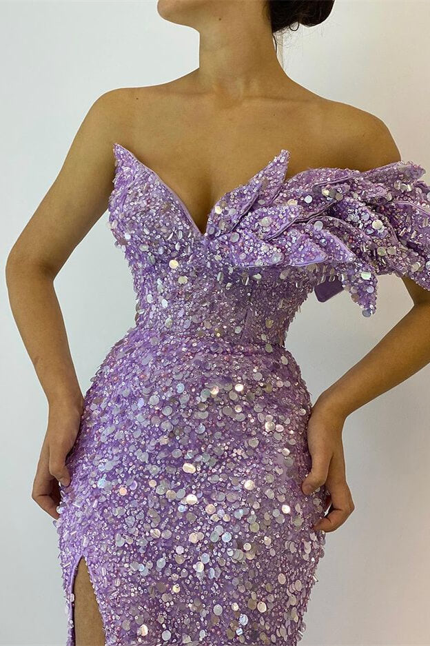 Pretty Lilac  V-Neck Off-The-Shoulder Mermaid Prom Dress