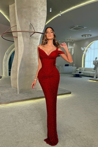 One Shoulder V-Neck Long Mermaid Prom Dress Sleeveless with Sequins