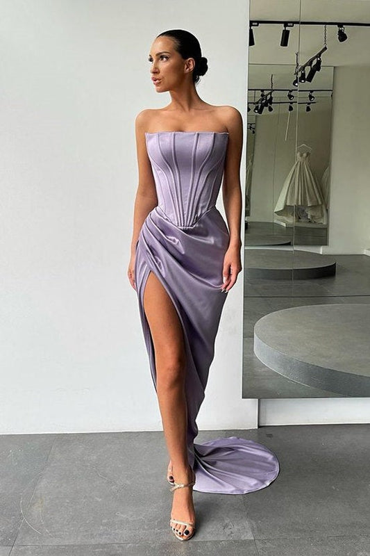 Strapless Slit Long Prom Dress Evening Party Gowns