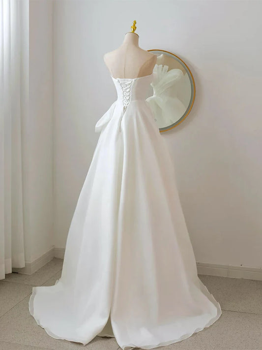 Elegant A Line Strapless White Organza Long Prom Dress Formal Dress SH1753