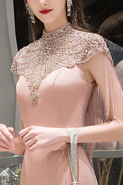Pink Mermaid High Collar Evening Dress Tassel With Beadings On Sale