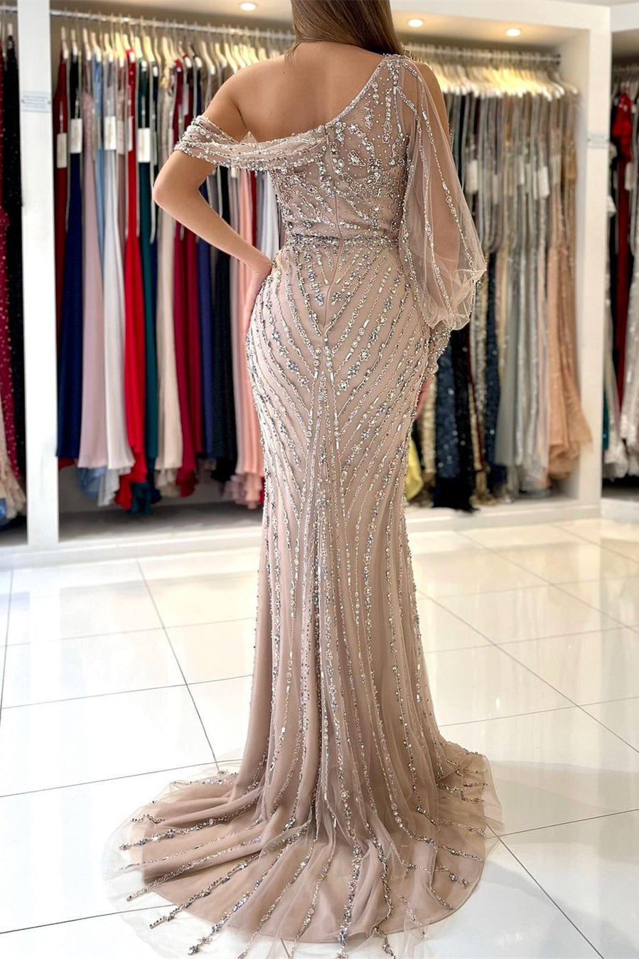 Long Sleeves Slit Mermaid Prom Dress With Beadings