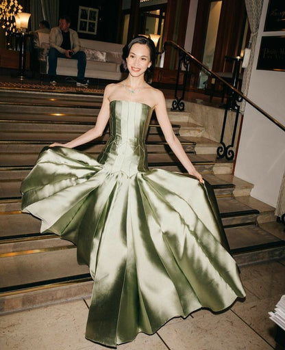 Gentle Mermaid Strapless Sage Green Pleated Satin Long Party Dress Evening Dress SH2840