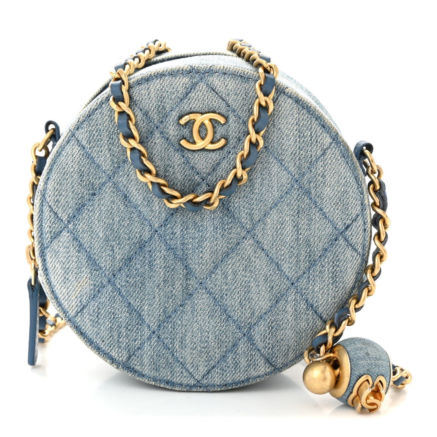 Denim Quilted Round Pearl Crush Clutch With Chain Blue