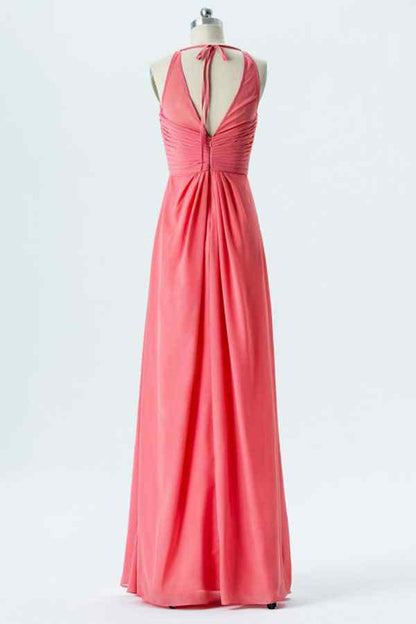 Watermelon A-line Halter Tied Back Chiffon Long Bridesmaid Dress