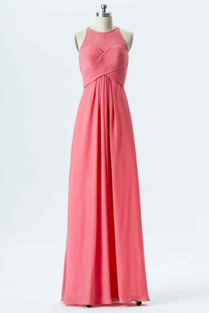 Watermelon A-line Halter Tied Back Chiffon Long Bridesmaid Dress