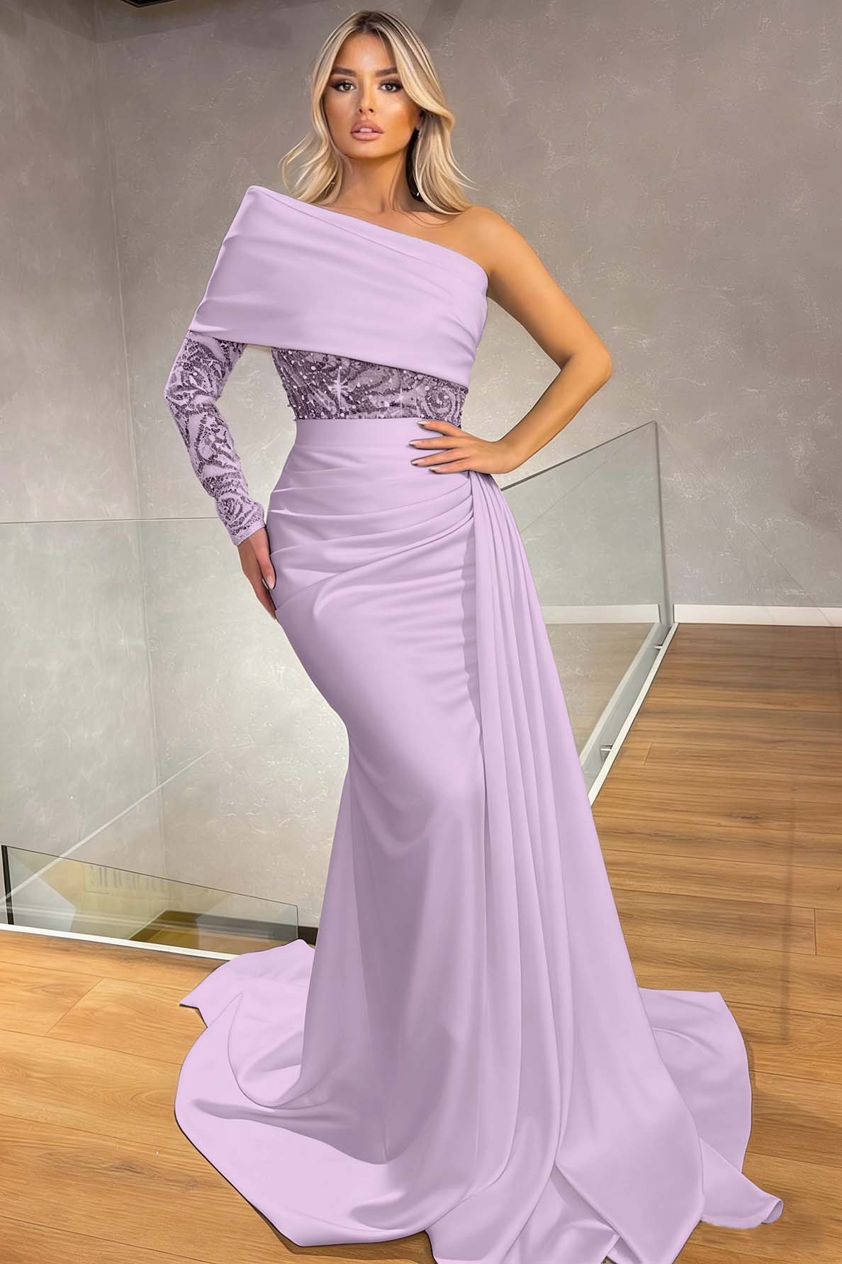 Sexy One Shoulder Long Sleeve Mermaid Evening Dress With Ruffles Sequins