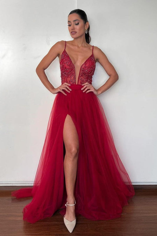 Shinning Red Tulle Sleeveless Spaghetti Strap Split Long Prom Dress with Applique