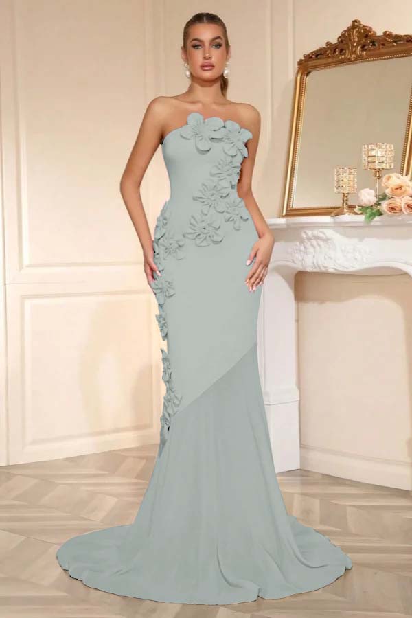 Elegant Sleeveless Satin Square Strapless Mermaid Prom Dress With Handmade Flower
