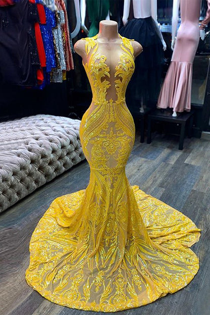 Mermaid Yellow Sequins Prom Dress Sleeveless