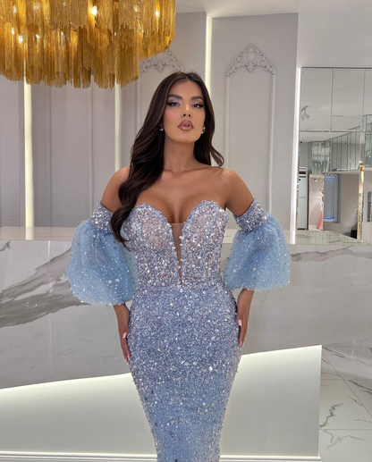 Tea Length Light Blue Prom Dress Squins With Puffy Sleeves
