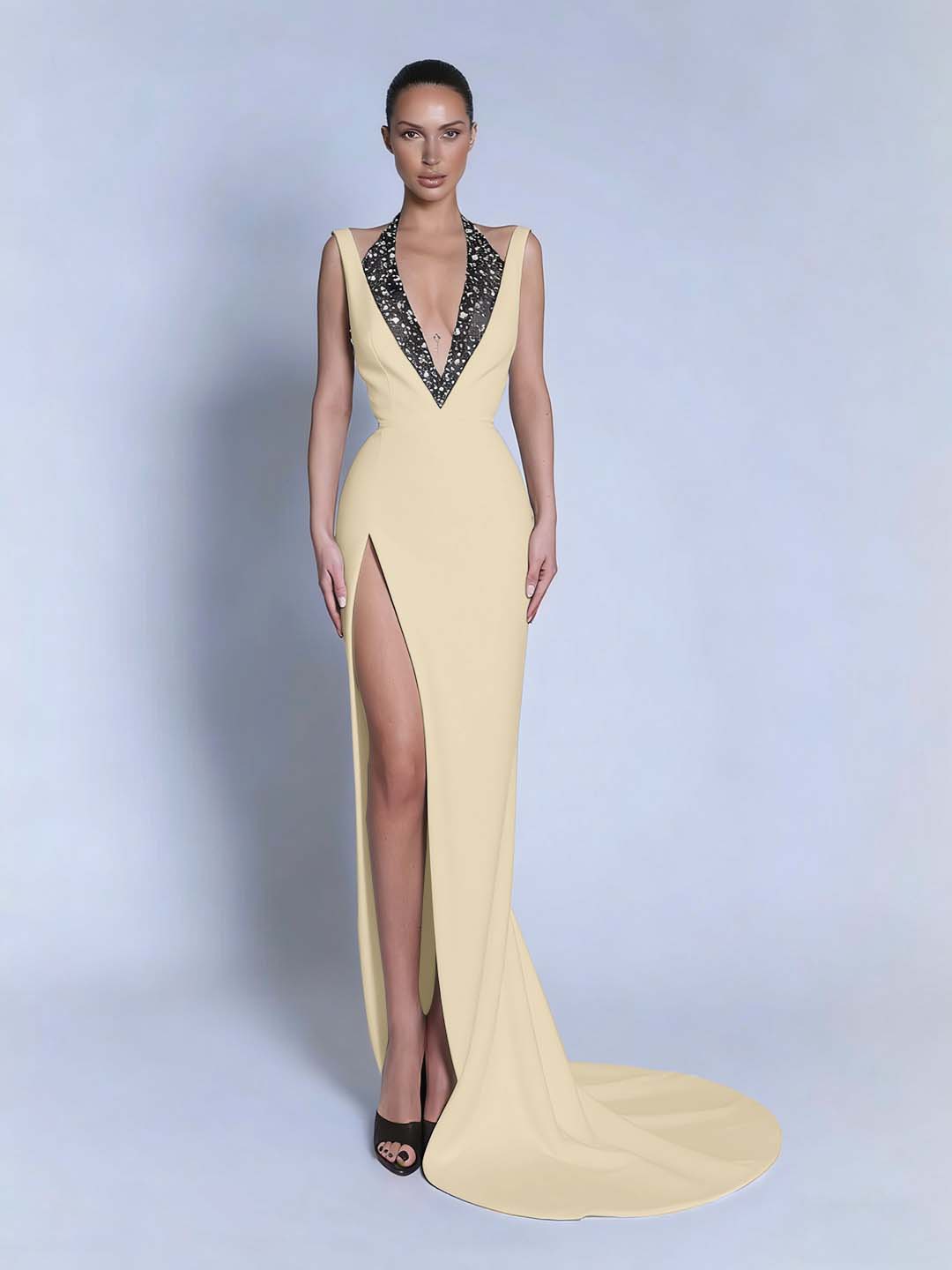 Black Sleeveless Slit Halter Straps Prom Dress With Beads