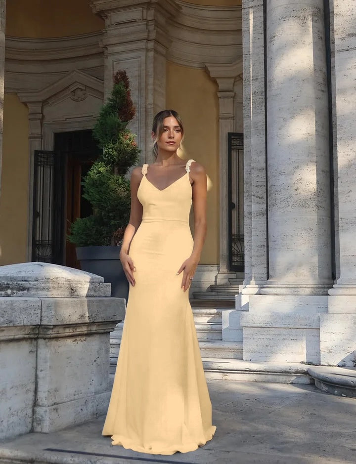 Fitted White Spaghetti-Straps V-Neck Backless Beaded Evening Dress