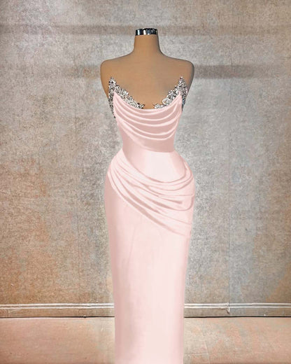 Red Sleeveless Strapless Mermaid Pleated Beads Prom Dress