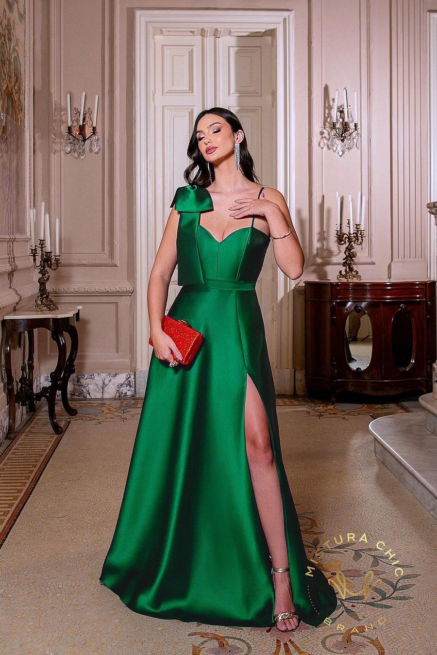 Shinning Dark Green Satin Spaghtti Strap Sleeveless Long Prom Dress with Split