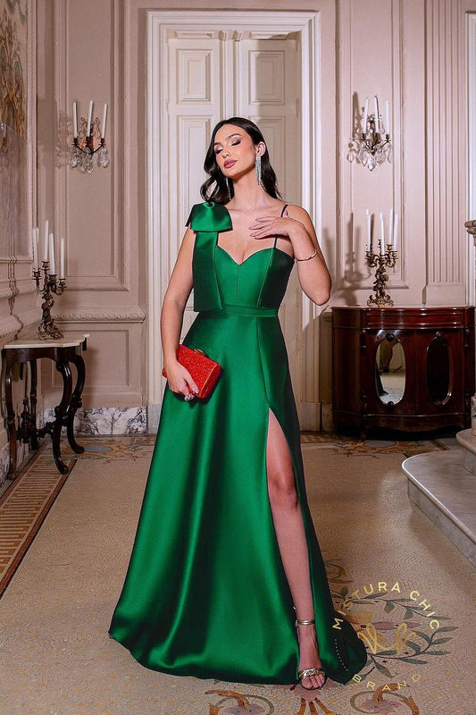 Shinning Dark Green Satin Spaghtti Strap Sleeveless Long Prom Dress with Split