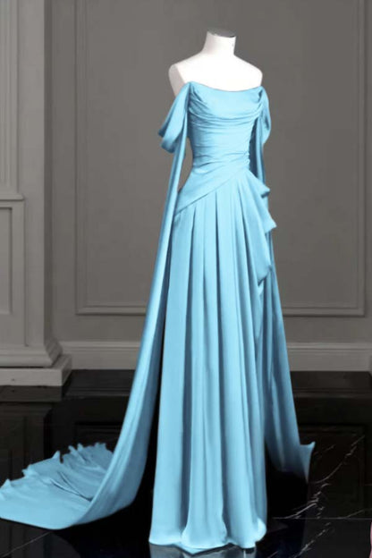 Sleeveless Off-The-Shoulder Pleated Long Prom Dress With Trailing On Both Sides