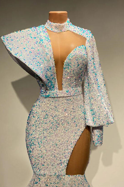 Long Sleeves High Neck Mermaid Prom Dress With Sequins