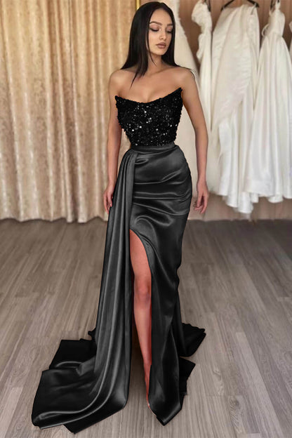 Red Strapless Elegant Long Sequins Prom Dress Mermaid Slit