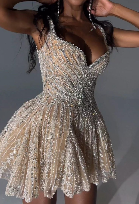 Gorgeous Tulle Beaded A Line Cocktail Dress Champagne Short Homecoming Dress S351