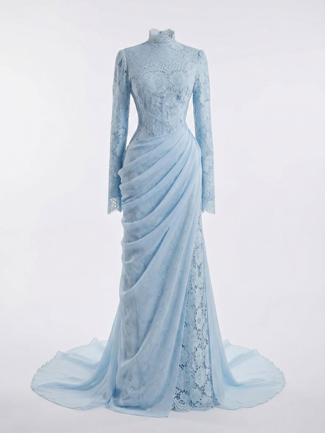 Sky Blue Long Sleeves High Neck Pleated Mermaid Evening Dress With Lace