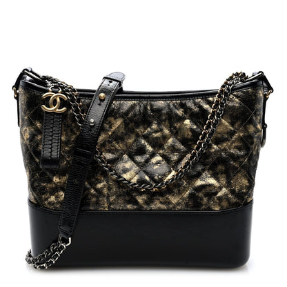 Metallic Crumpled Goatskin Quilted Medium Gabrielle Hobo Black Gold